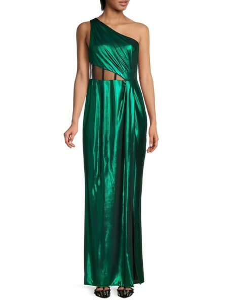  Women's Semi Sheer Panel One Shoulder Gown Emerald   