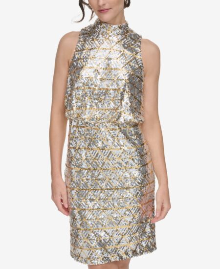  Women's Sequin-Design Mock-Neck Blouson Dress Silver