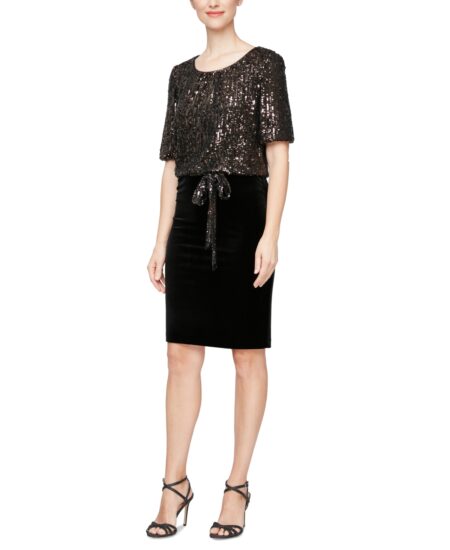  Women's Sequin-Top Velvet-Skirt Dress Black/bronze