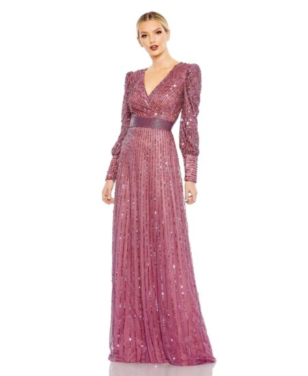 Women's Sequined Wrap Over Bishop Sleeve Gown Mauve