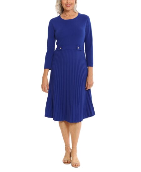  Women's / -Sleeve Pleated Fit & Flare Dress Blue