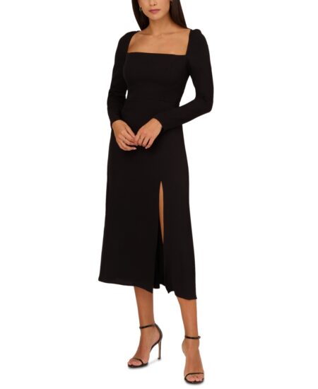  Women's Square-Neck Light Crepe Midi Dress Black