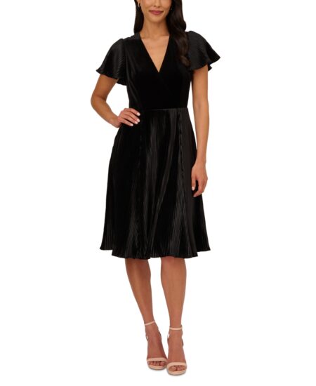  Women's Velvet Pleated Flutter-Sleeve Dress Black