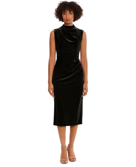  Women's Velvet Ruched Midi Dress Black