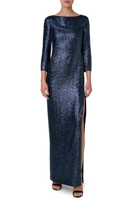  Bateau Neck Sequin Column Gown in   Navy at Nordstrom   