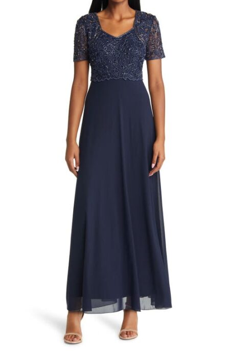  Beaded Bodice A-Line Gown in Navy at Nordstrom   