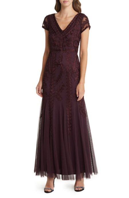  Beaded Cap Sleeve Tulle Gown in Wine at Nordstrom   