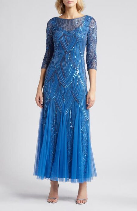  Beaded Illusion Neck Gown in Blue at Nordstrom   