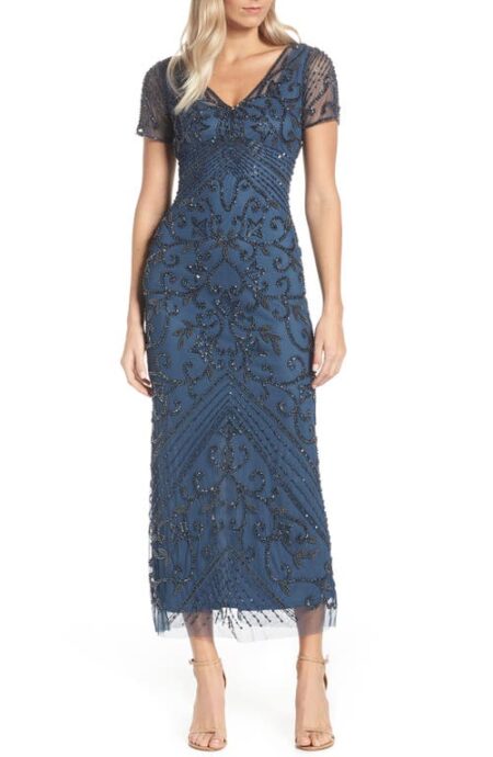  Beaded Mesh Column Gown in Coastal Blue at Nordstrom   