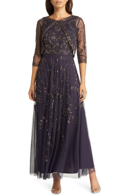  Beaded Mesh Gown with Jacket in Eggplant at Nordstrom   