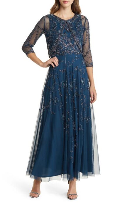  Beaded Mesh Gown with Jacket in Sapphire at Nordstrom   