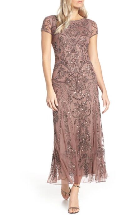  Beaded Mesh Midi Cocktail Dress in Mauve at Nordstrom   