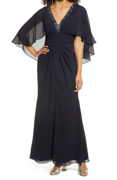  Beaded Neckline Capelet Gown in Navy at Nordstrom   