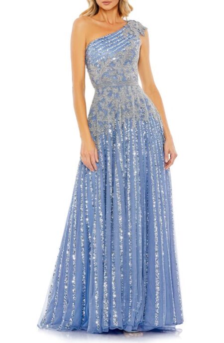  Beaded Sequin One-Shoulder A-Line Gown in Slate Blue at Nordstrom   