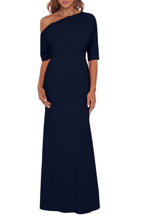 Betsy & Adam One-Shoulder Crepe Scuba Trumpet Gown in Navy at Nordstrom   