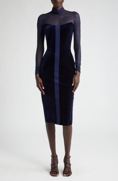  Calanta Long Sleeve Ilusion Lace & Velvet Sheath Dress in Blu Notte at Nordstrom   