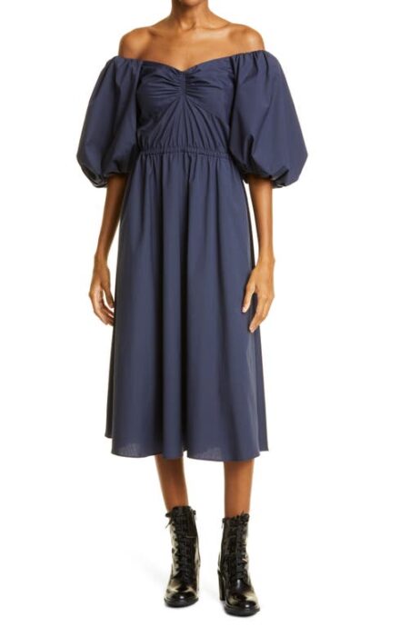  Collection Off the Shoulder Balloon Sleeve Poplin Midi Dress in Navy at Nordstrom   