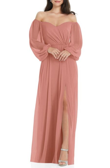  Convertible Neck Long Sleeve Chiffon Gown in Desert Rose at Nordstrom   