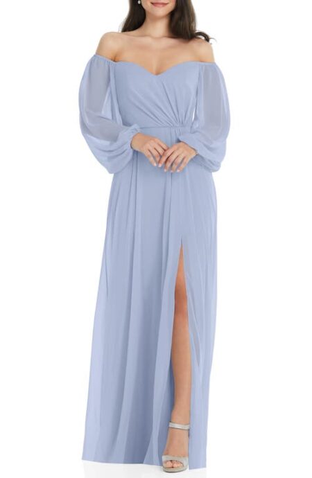  Convertible Neck Long Sleeve Chiffon Gown in Sky Blue at Nordstrom   