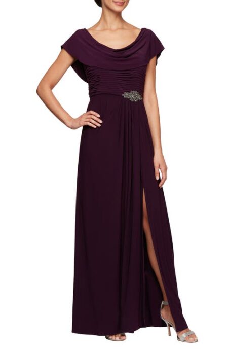  Cowl Neck Beaded Waist Gown in Eggplant at Nordstrom   