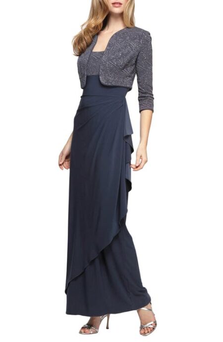  Draped Column Gown with Bolero Jacket in Smoke at Nordstrom   P