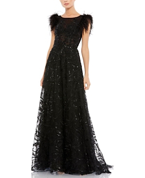  Embellished Feather Cap Sleeve Bateau A-Line Gown