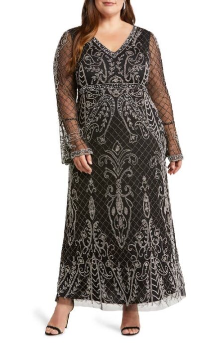  Embellished Sheer Long Sleeve Gown in Black/Silver at Nordstrom   W