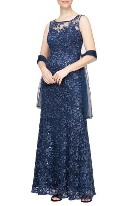 Embroidered Illusion Neck Evening Gown with Shawl in Navy at Nordstrom   
