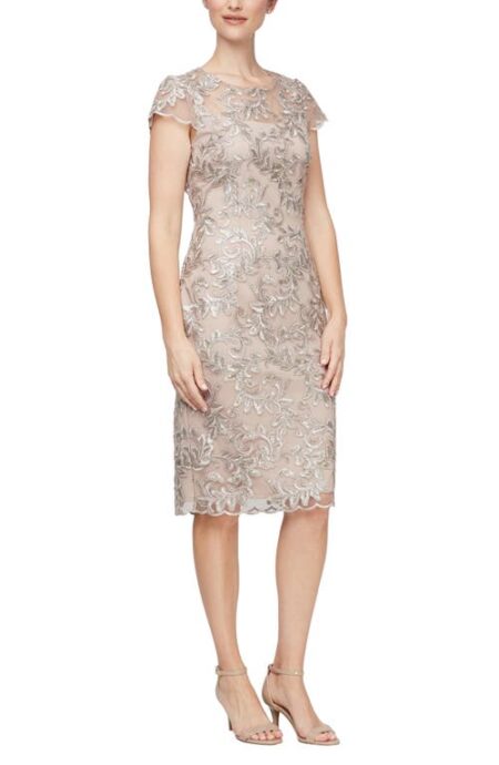  Embroidered Illusion Yoke Sequin Sheath Cocktail Dress in Taupe at Nordstrom   