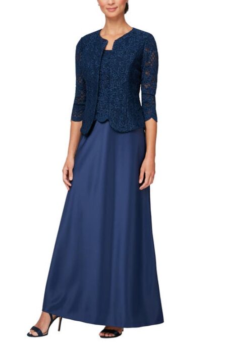 Embroidered Lace Mock Two-Piece Gown with Jacket in Navy at Nordstrom   
