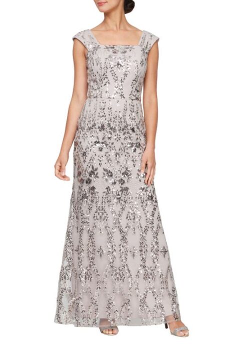  Embroidered Sequin Sleeveless Gown in Taupe at Nordstrom   
