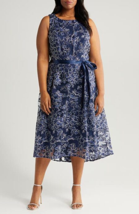  Embroidered Tie Waist Sleeveless Dress in Navy at Nordstrom   W