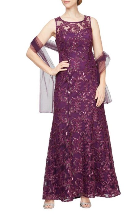  Embroidered Tulle Gown with Shawl in Plum at Nordstrom   P