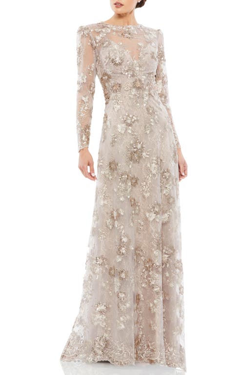 Embroidered Tulle & Lace Long Sleeve Gown in Mocha at Nordstrom