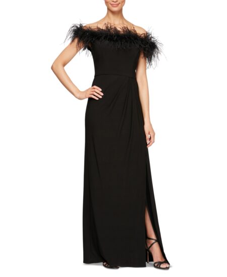  Faux-Feather Off-The-Shoulder Gown Black