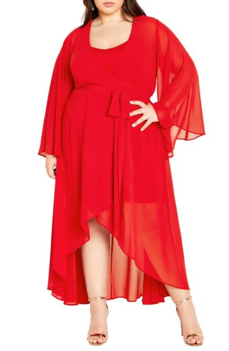  Fleetwood Long Sleeve Chiffon Wrap Dress in Love Red at Nordstrom