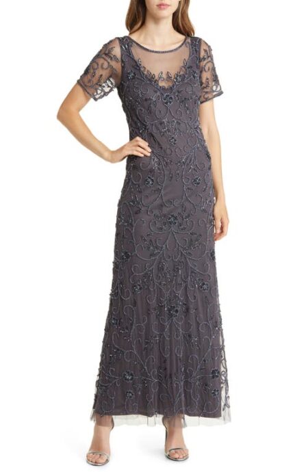  Floral Beaded Short Sleeve A-Line Gown in Slate at Nordstrom   