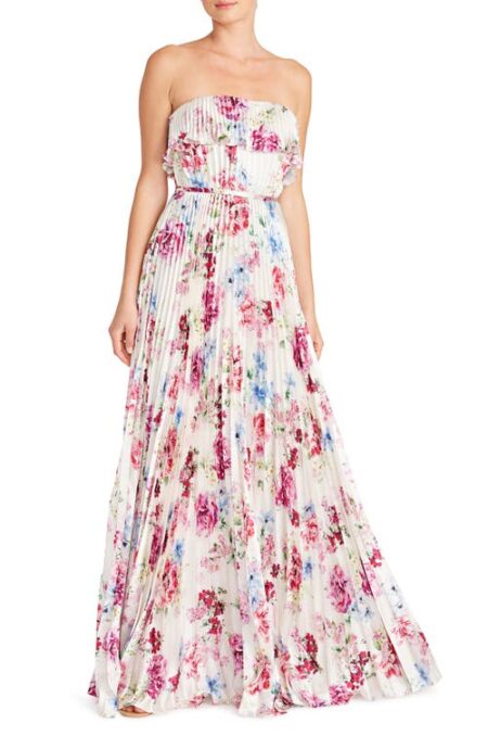  Floral Pleated Satin Strapless Gown in Peony Dream at Nordstrom   