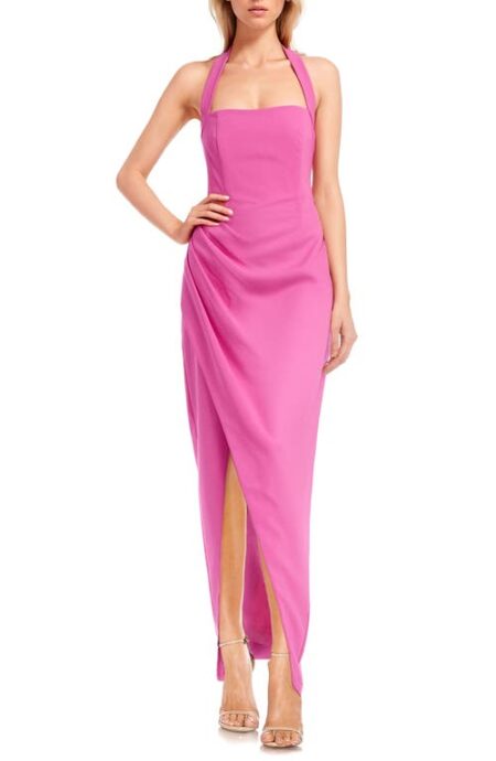  Halter Neck Stretch Satin Crepe Sheath Gown in Pink at Nordstrom   