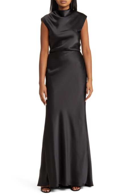  High Cowl Neck Satin Gown in Black at Nordstrom   