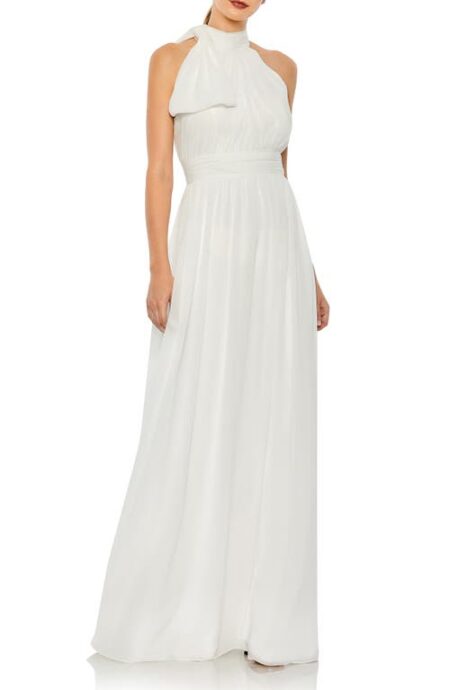  High Neck Ruched Chiffon A-Line Gown in White at Nordstrom   