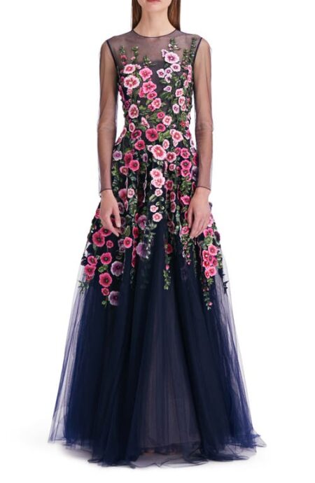  Hollyhock Embroidered Long Sleeve Chiffon Gown in Navy Multi at Nordstrom   