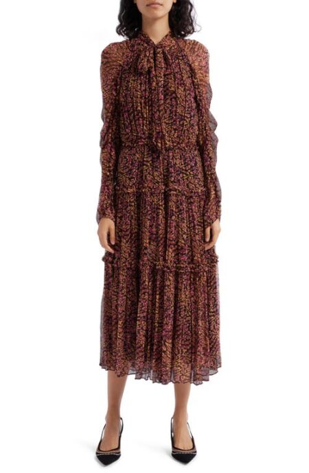  Idalia Metallic Thread Floral Long Sleeve Silk Dress in Peridot at Nordstrom   