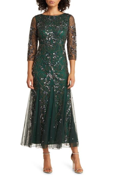 Illusion Sleeve Beaded A-Line Gown in Hunter   at Nordstrom   
