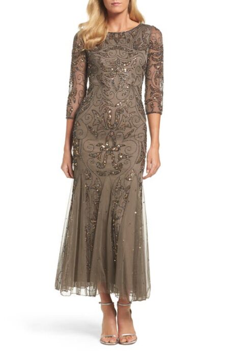 Illusion Sleeve Beaded A-Line Gown in Mocha at Nordstrom   
