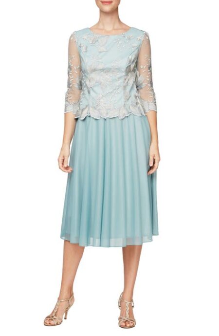  Illusion Sleeve Embroidered Midi Dress in Ice Sage at Nordstrom   Regular