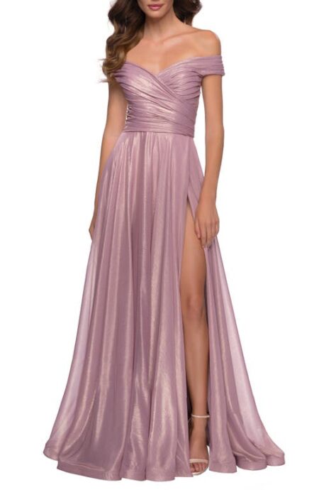  Iridescent Off the Shoulder Chiffon Gown in Pink Metallic at Nordstrom   