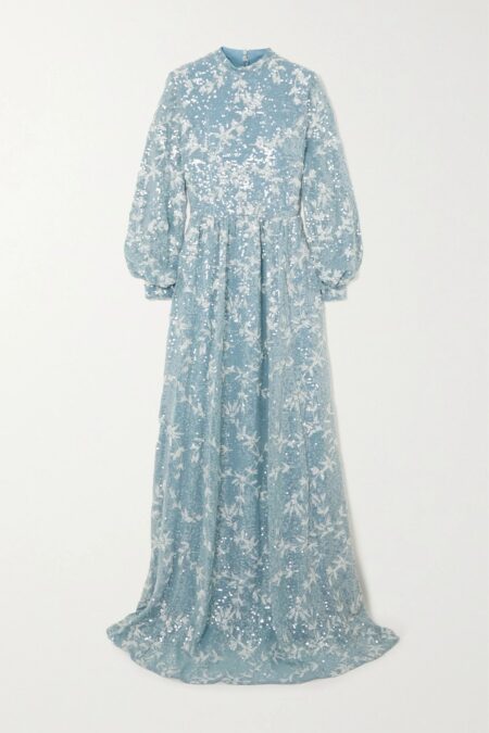   Kara Sequined Embroidered Chiffon Gown Blue