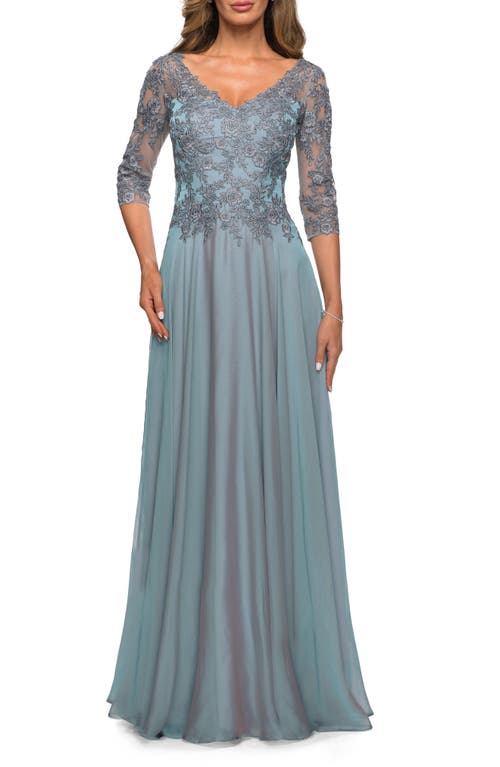 Lace Bodice Chiffon A-Line Gown in Slate Blue at Nordstrom