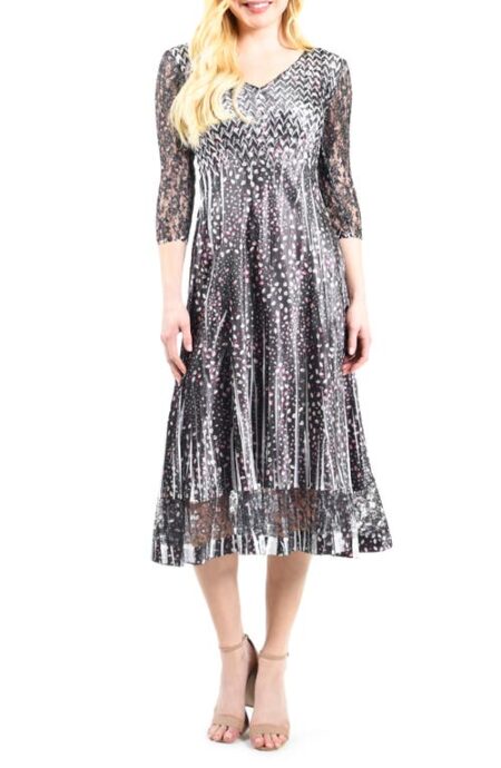  Lace Sleeve Charmuese Cocktail Midi Dress in Leaf Spray at Nordstrom  Small